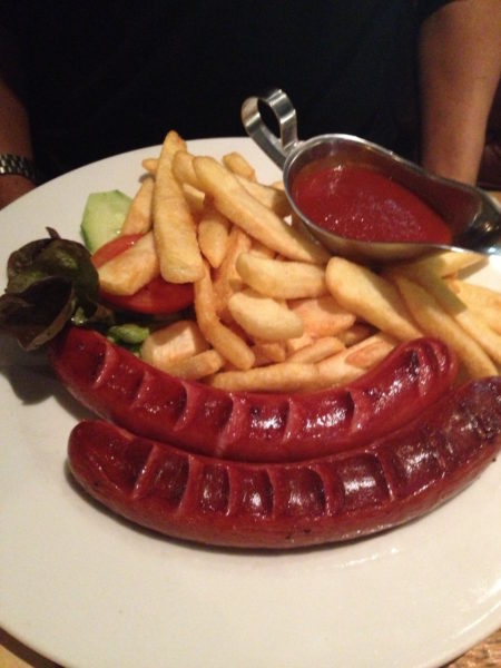 Smoked sausages with french fries in Germany.