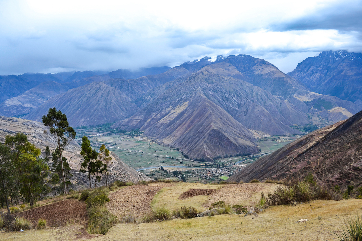The Sacred Valley in Peru, seen from a hilltop overlooking the valley.