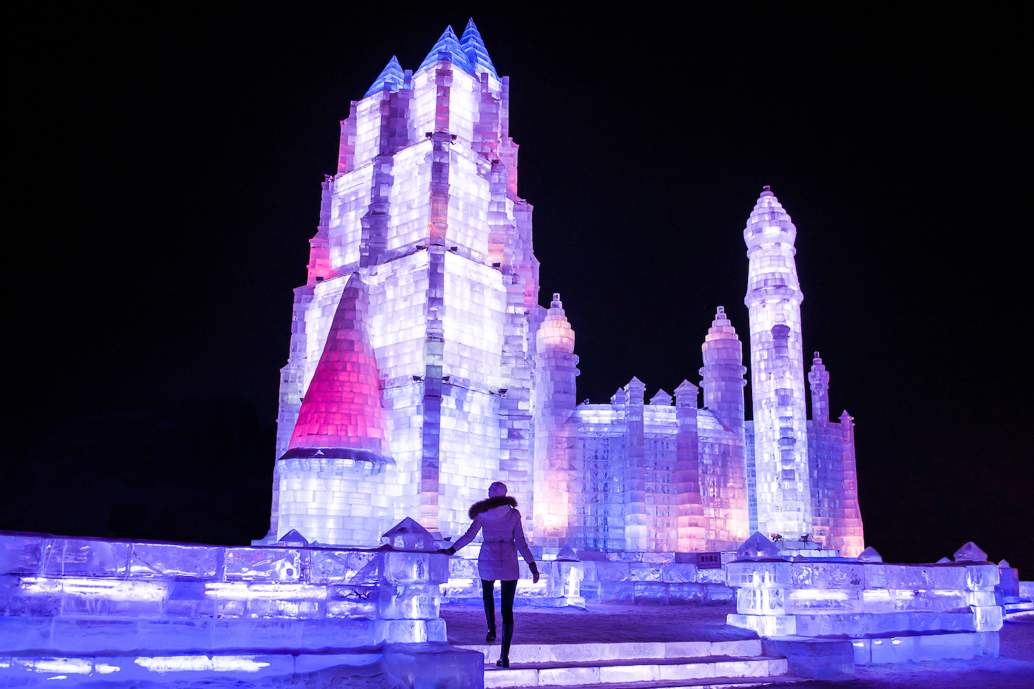 An Ice Castle in Harbin, China at the Harbin Ice and Snow Festival. 