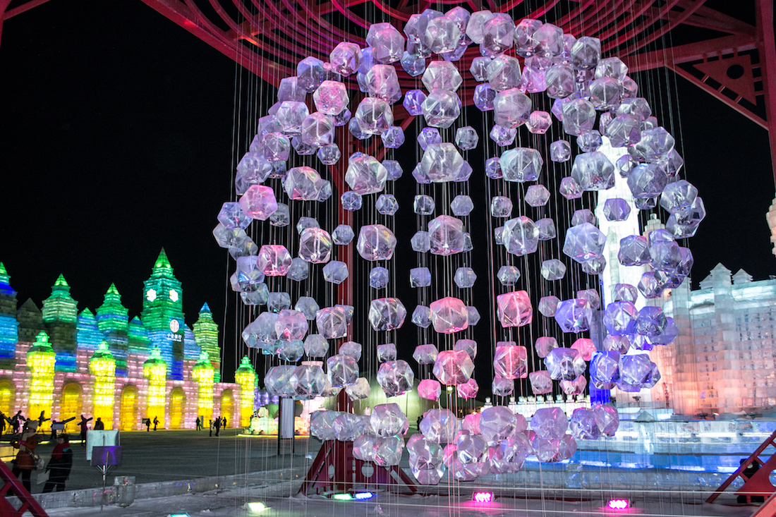 Hanging ice art decorates the Harbin Ice and Snow Festival in China.