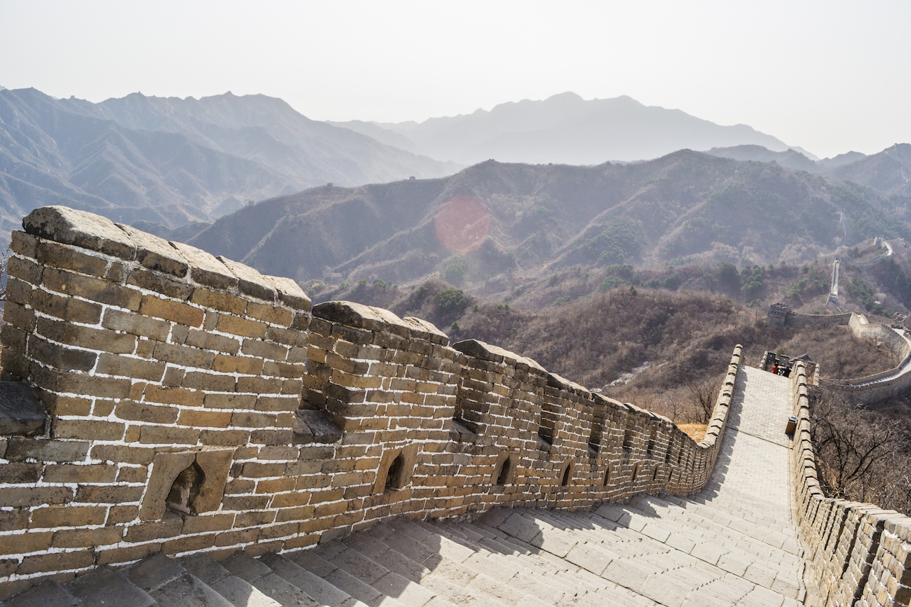 The Great Wall of China at Mutianyu has views of the surrounding mountains.
