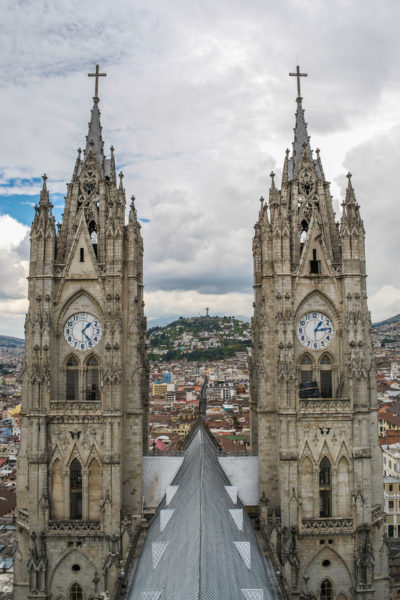 The clock towers of the Basilica in Quito.
