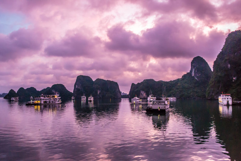The sunrise over Halong Bay in Vietnam.