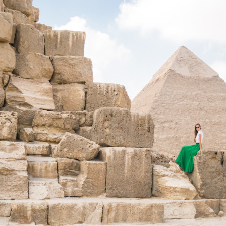 Visiting the Giza pyramids in Egypt.