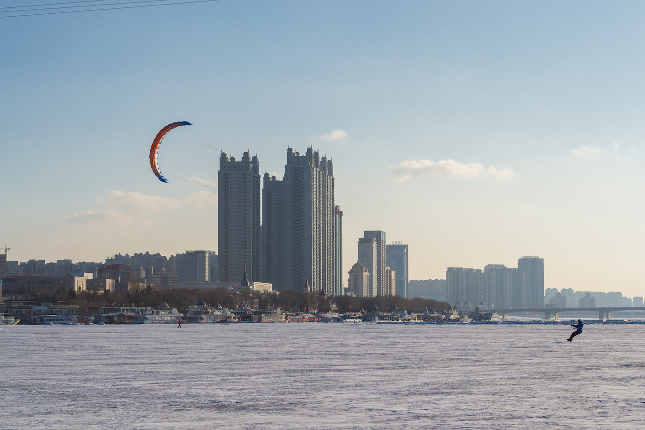 Snowkiting on the Songhua River.