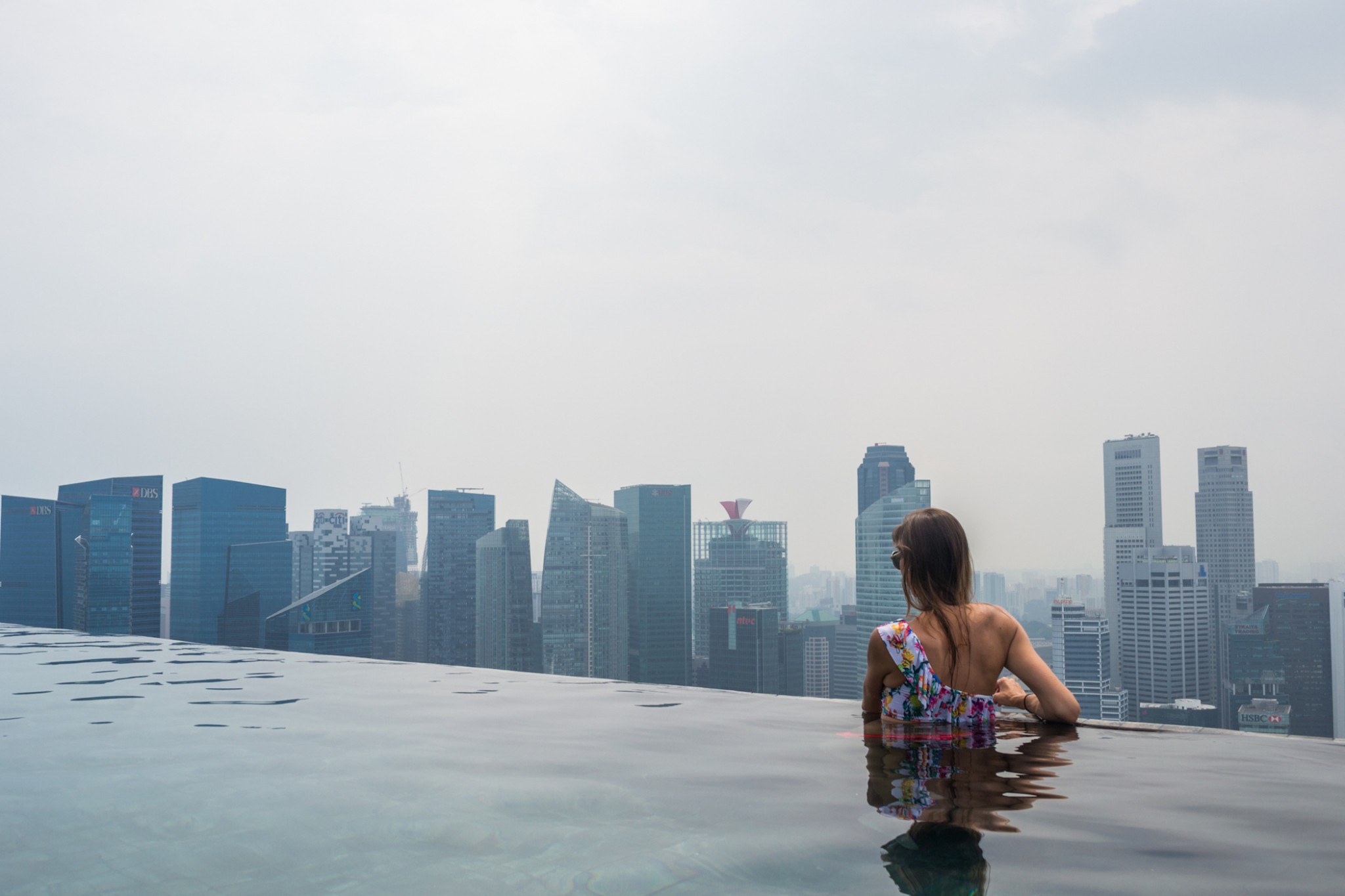The infinity pool at the Marina Bay Sands hotel overlooking the Singapore skyline.