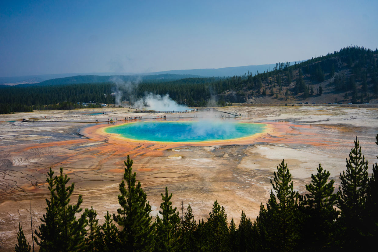 The Grand Prismatic Spring at Yellowstone National Park has a rainbow of colors.