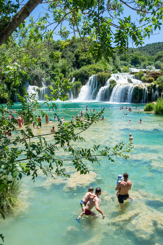 Swimming in the Krka Waterfalls in Croatia. 