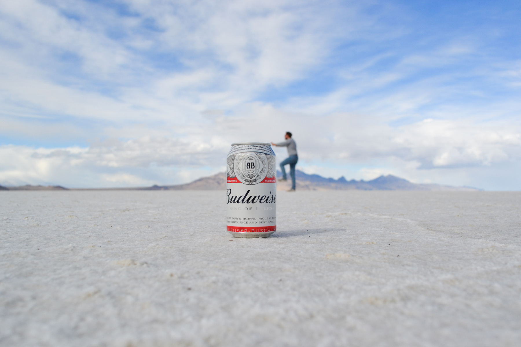 Beer can perspective on the salt flats.