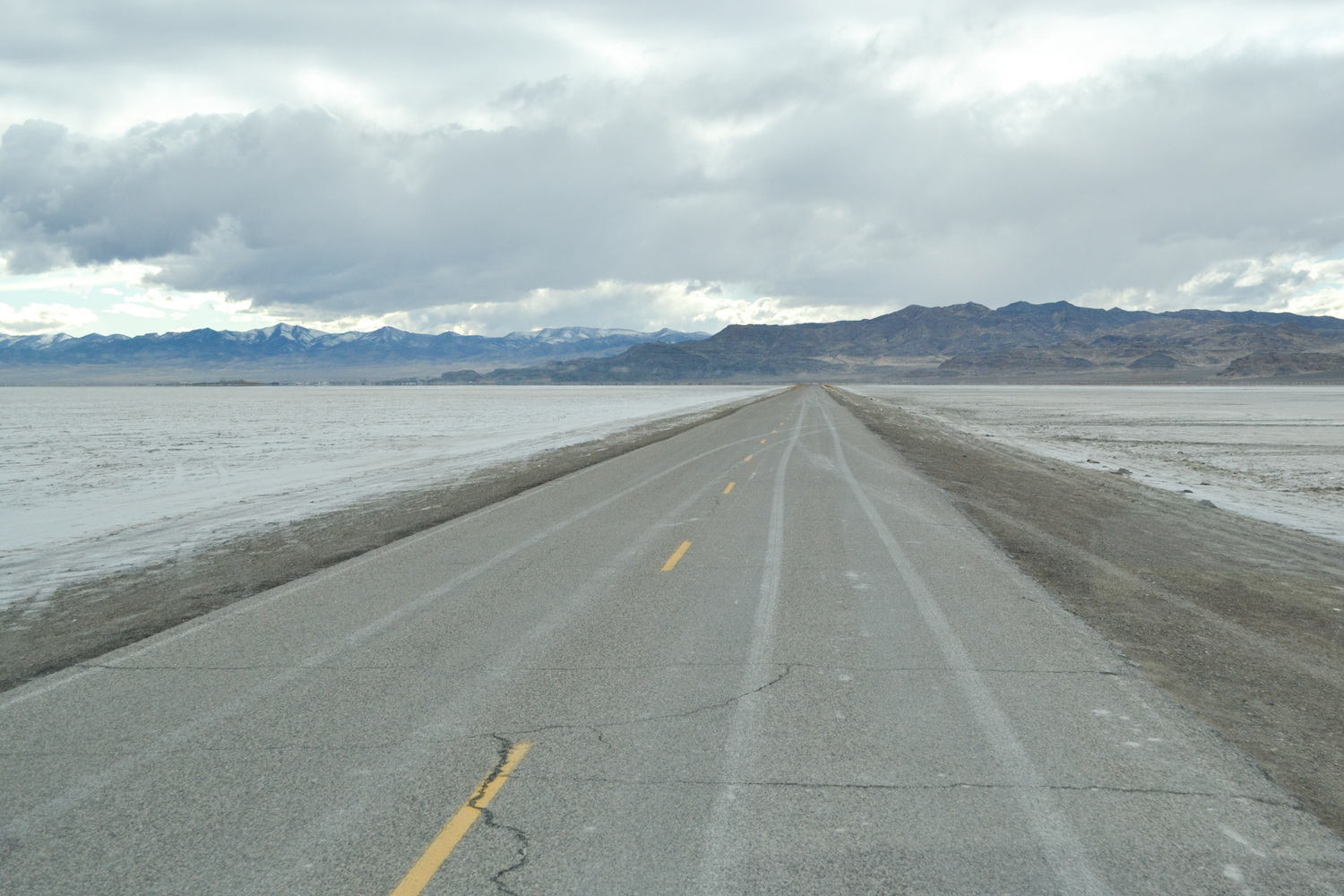 The road through the salt plains in Utah.