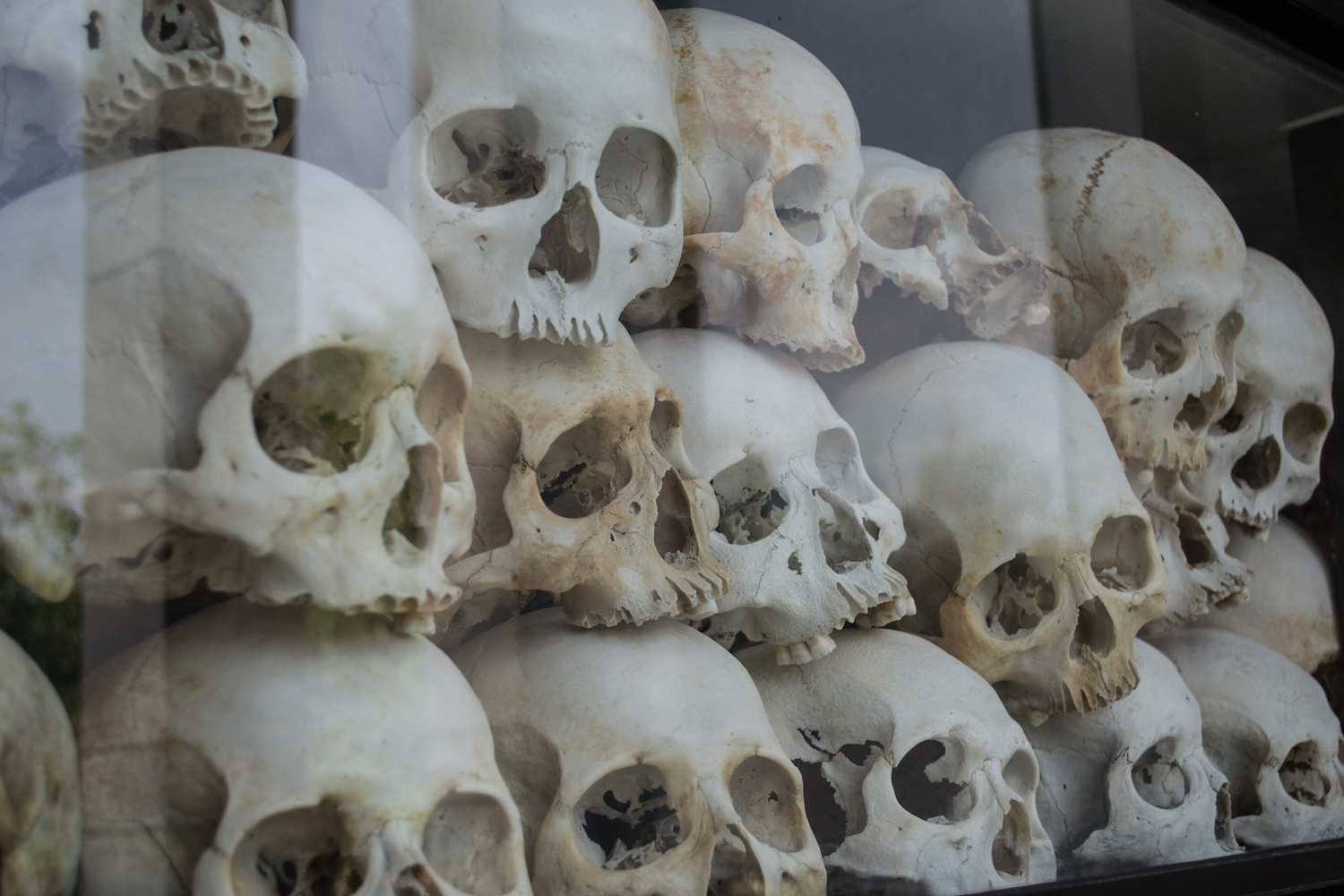 Skulls seen through the glass at the Killing Fields in Phnom Penh, Cambodia.