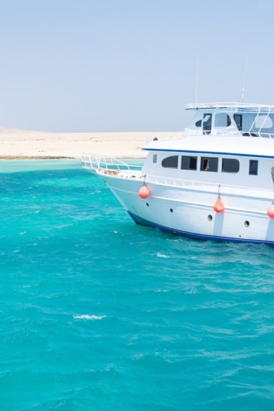 A boat sailing through the Red Sea of Egypt outside of Hurghada. 