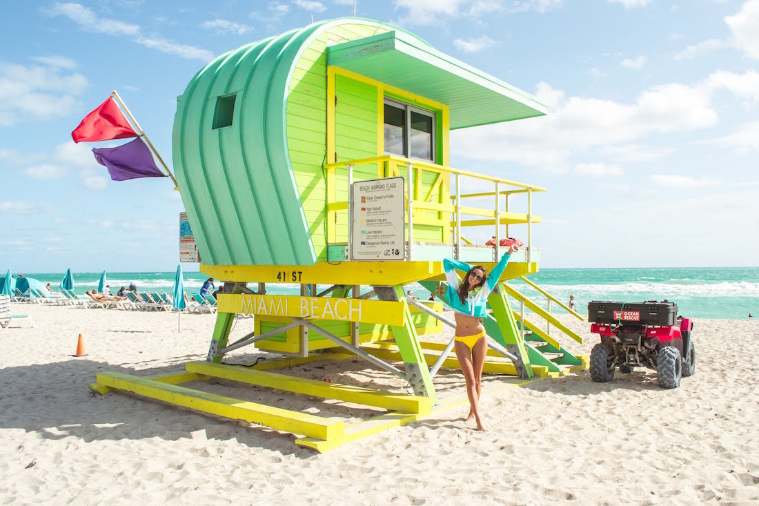 One of the most instagrammable places in Miami is on the beach with the colorful Art Deco lifeguard stands. 
