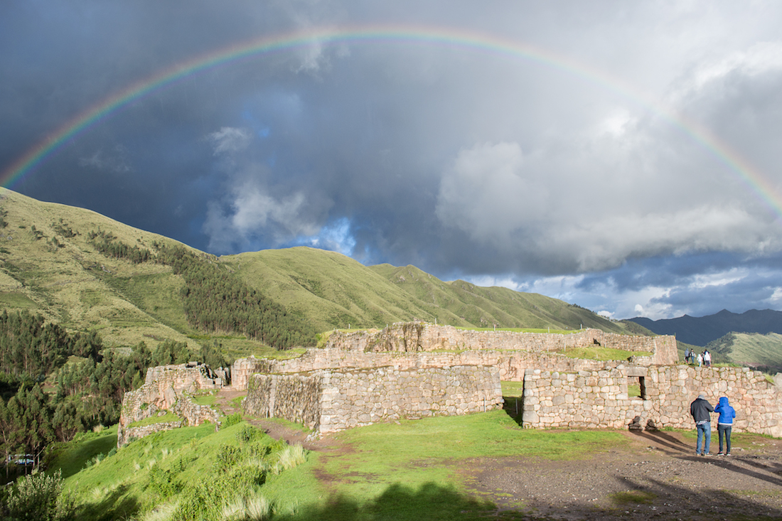 A rainbow formed over these Cusco ruins at Puka Pukara in Cusco, Peru.