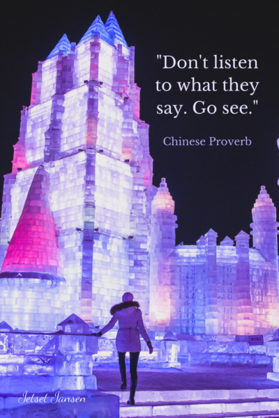 Quotes about traveling alone-- in front of an ice castle in China.