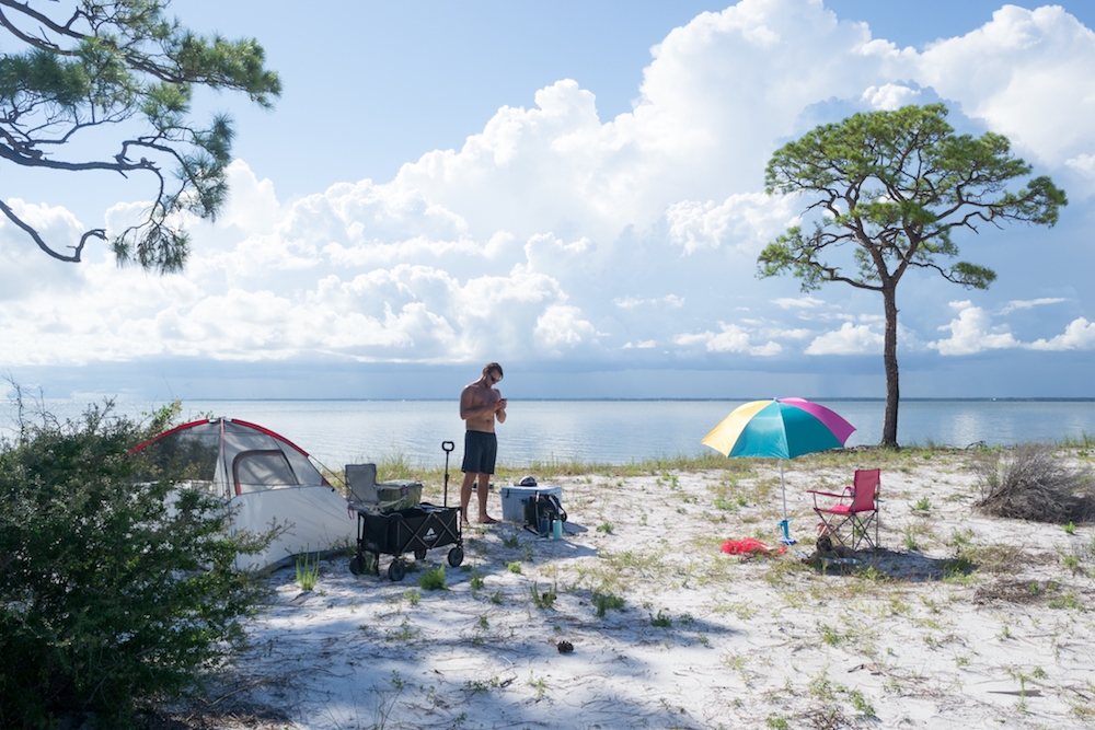 Camping on St George Island in the primitive camping area next to the water.