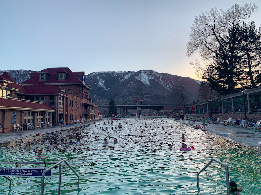 The mountain view from the hot springs resort pool. 