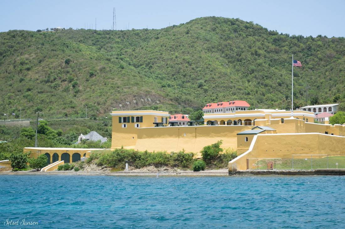 The yellow Christiansvaern Fort in Christiansted.