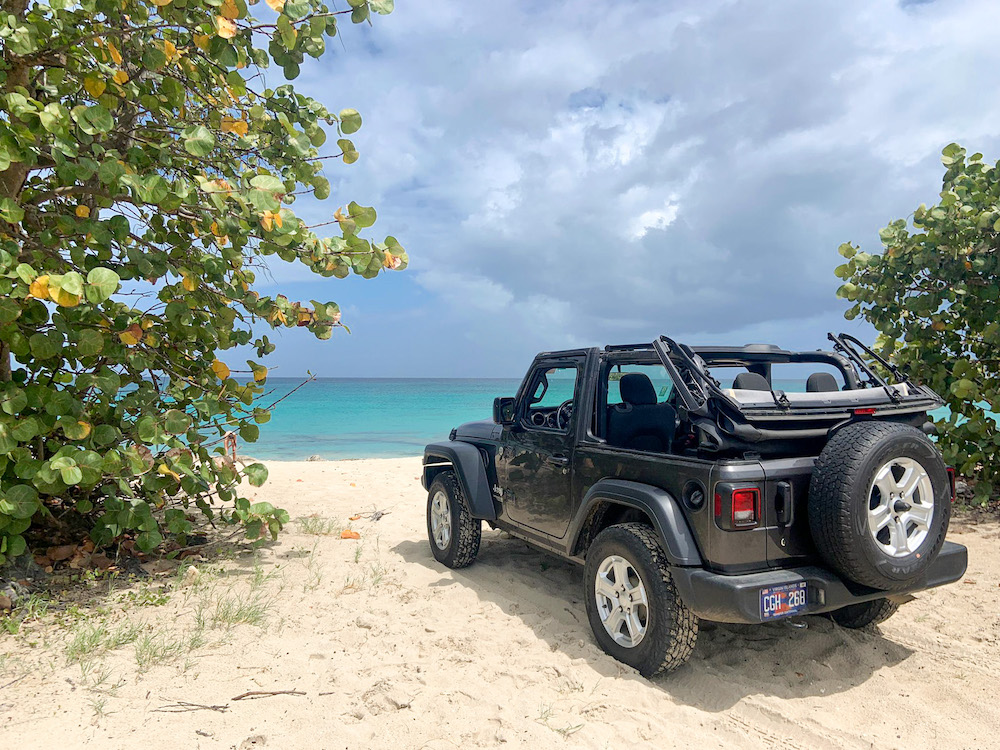 Parking our Jeep by the beach in the US Virgin Islands.