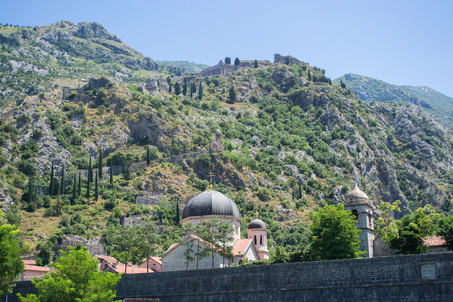 The fortifications of Kotor in Montenegro lead up the mountain to St. John's Fortress.
