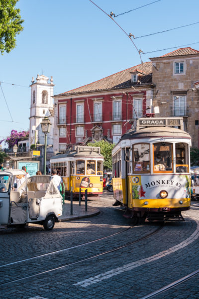 The historic trams in Lisbon, Portugal.