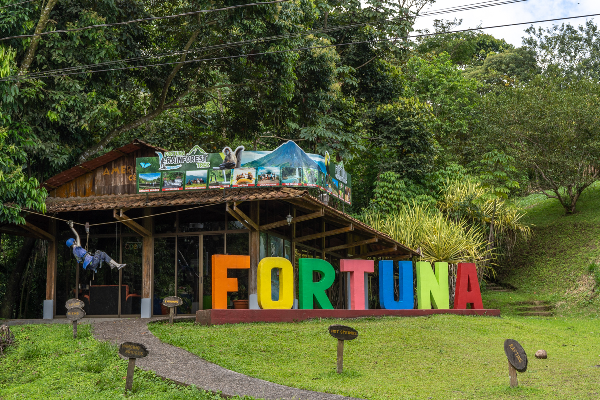 Colorful Fortuna sign in Costa Rica.