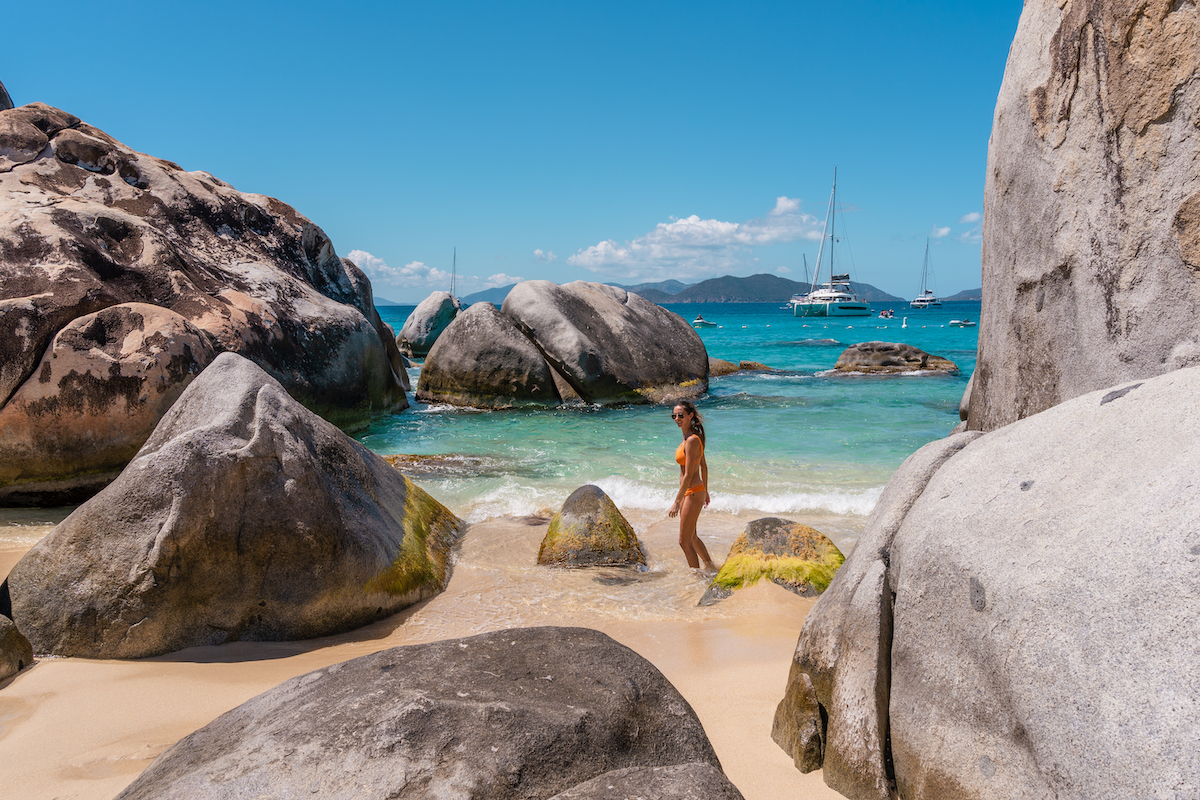 Exploring The Baths, the famous boulder beach in the British Virgin Islands.