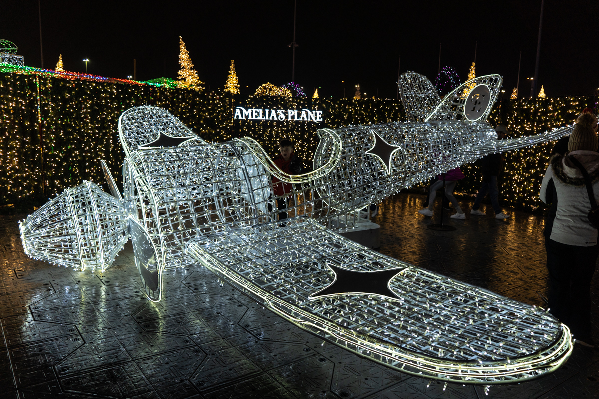 Plane made out of Christmas lights.