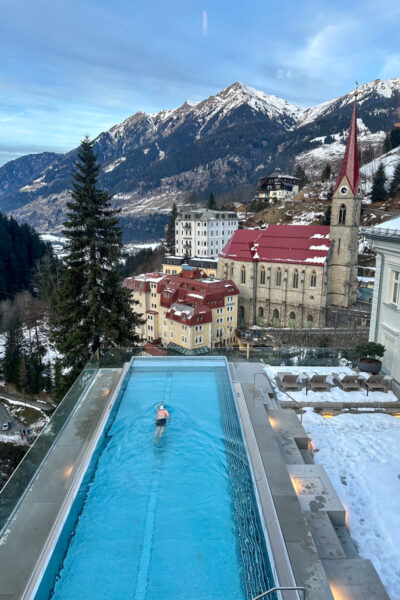 The view of the pool from the Straubinger Grand Hotel in Bad Gastein.