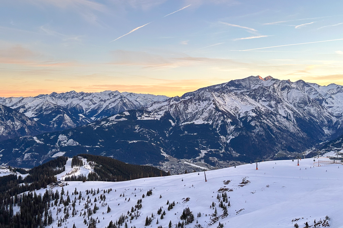 Zell Am See skiing at sunset.