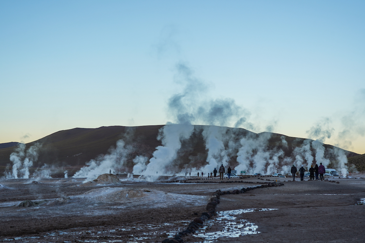 Geyser field at sunrise.