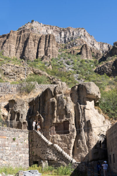 A monastery built into the rock: Geghard Monastery.