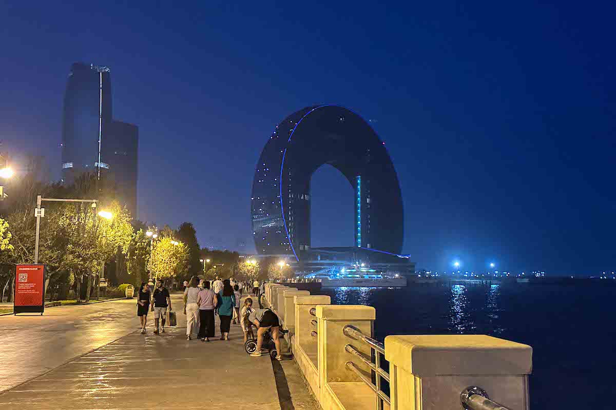 The boardwalk in Azerbaijan along the Caspian Sea.