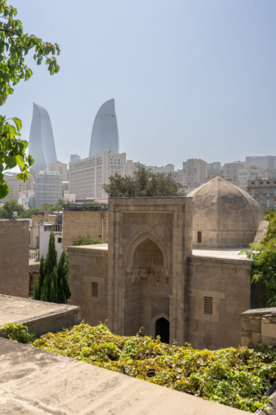 The Palace of the Shirvanshahs with the Flame Towers in the background.