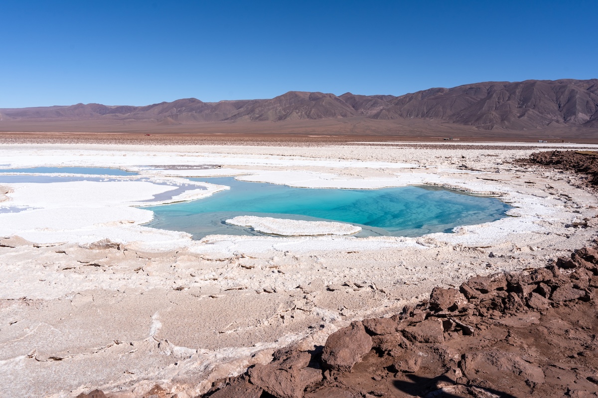 The turquoise Baltinache Lagoons in Chile. 