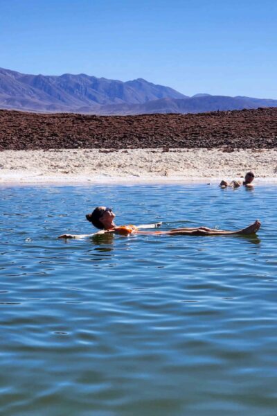 Floating in the Baltinache Lagoons in Chile.