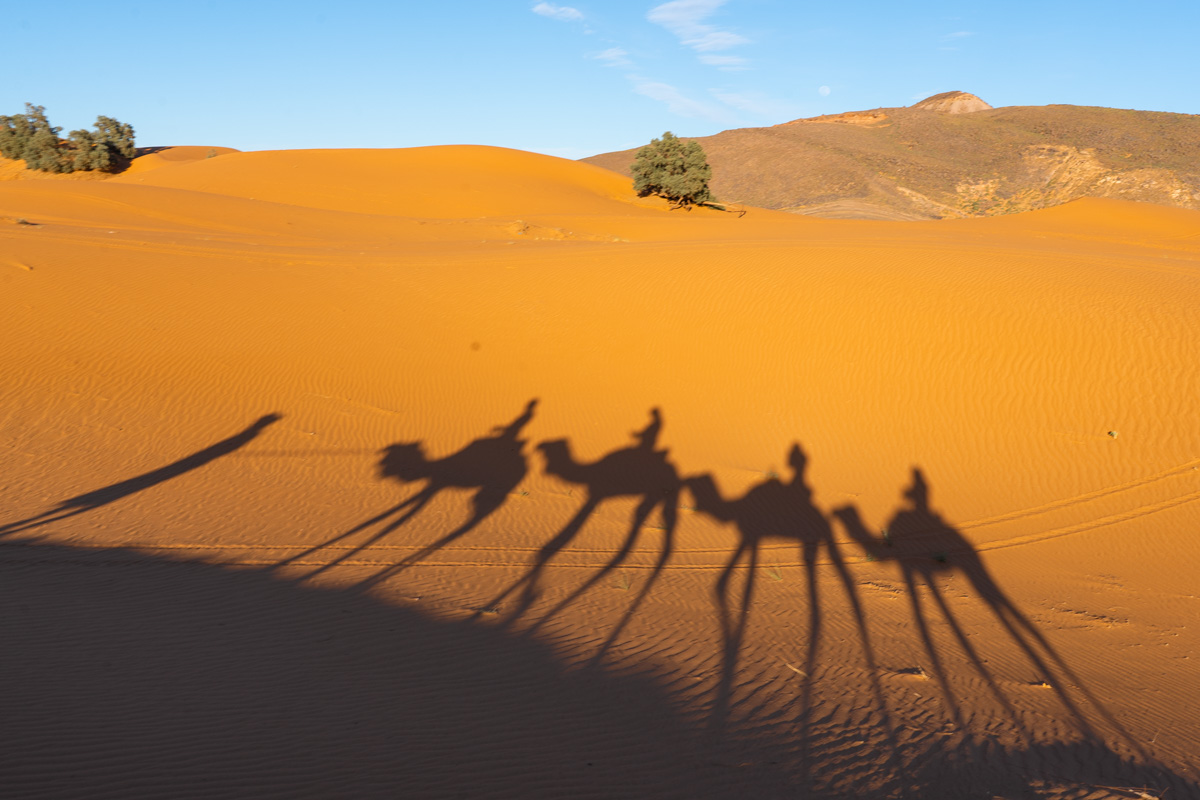 Riding camels through the Sahara Desert in Morocco.