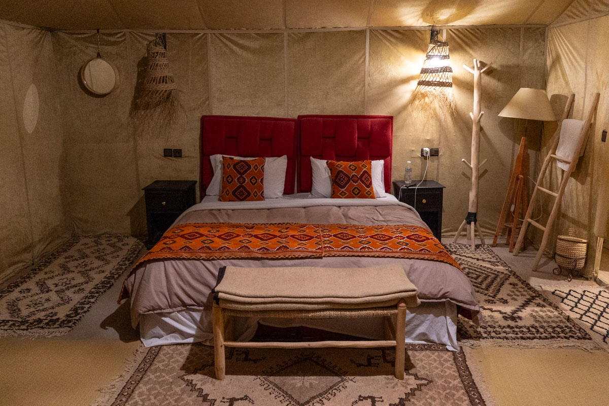 Inside a luxury tent in the Sahara Desert in Morocco.