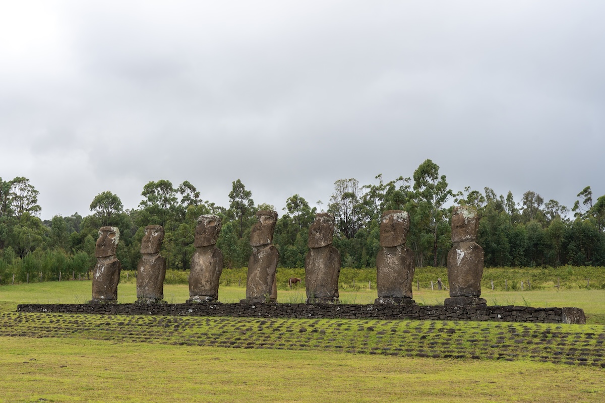 Moai Statues at Ahu Akivi in the rain.