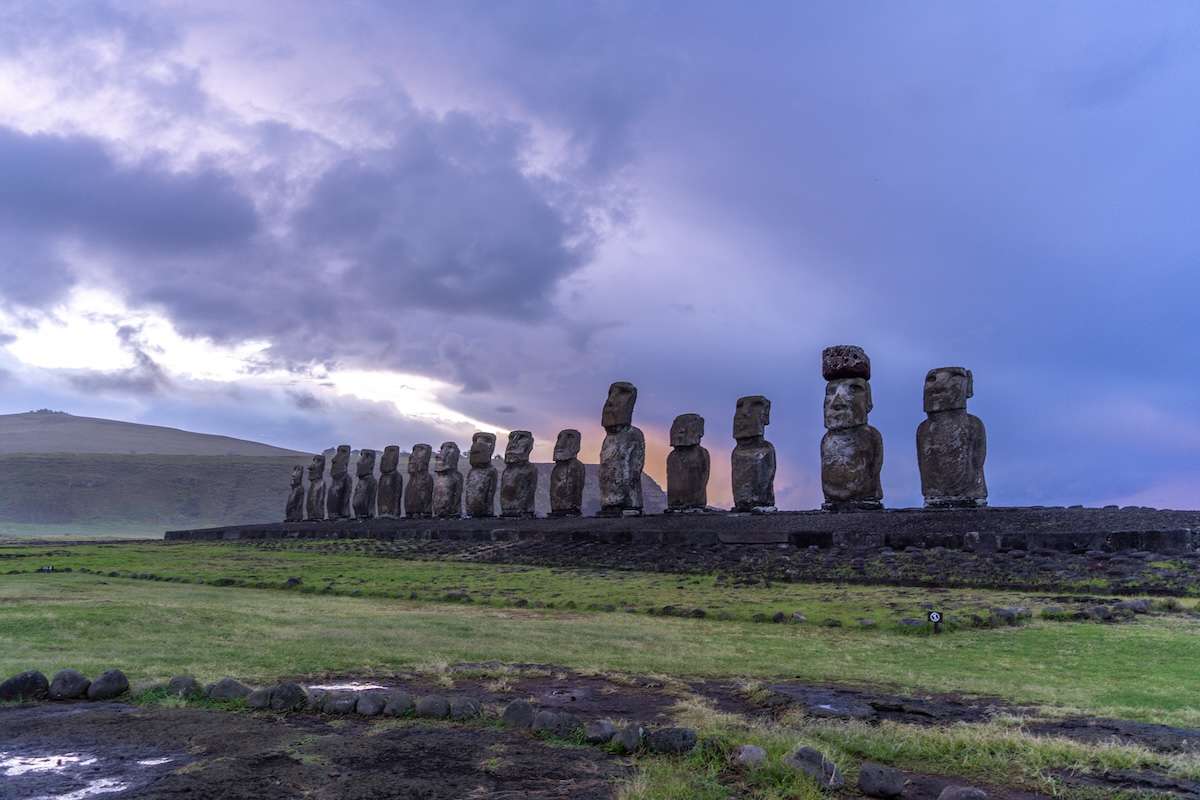 Visiting Ahi Tongariki in Easter Island at sunrise.