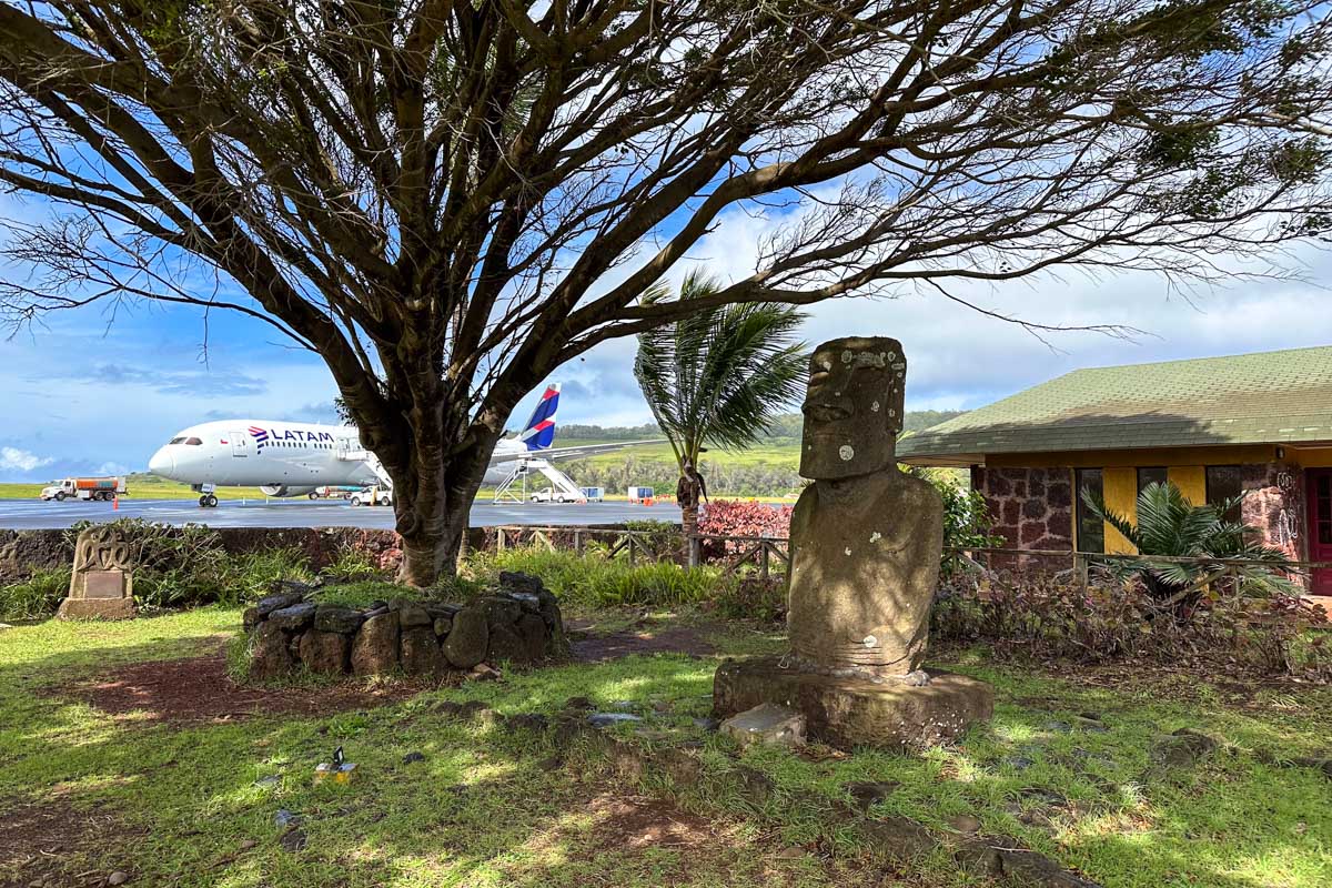 A Moai statue at the Hanga Roa airport.