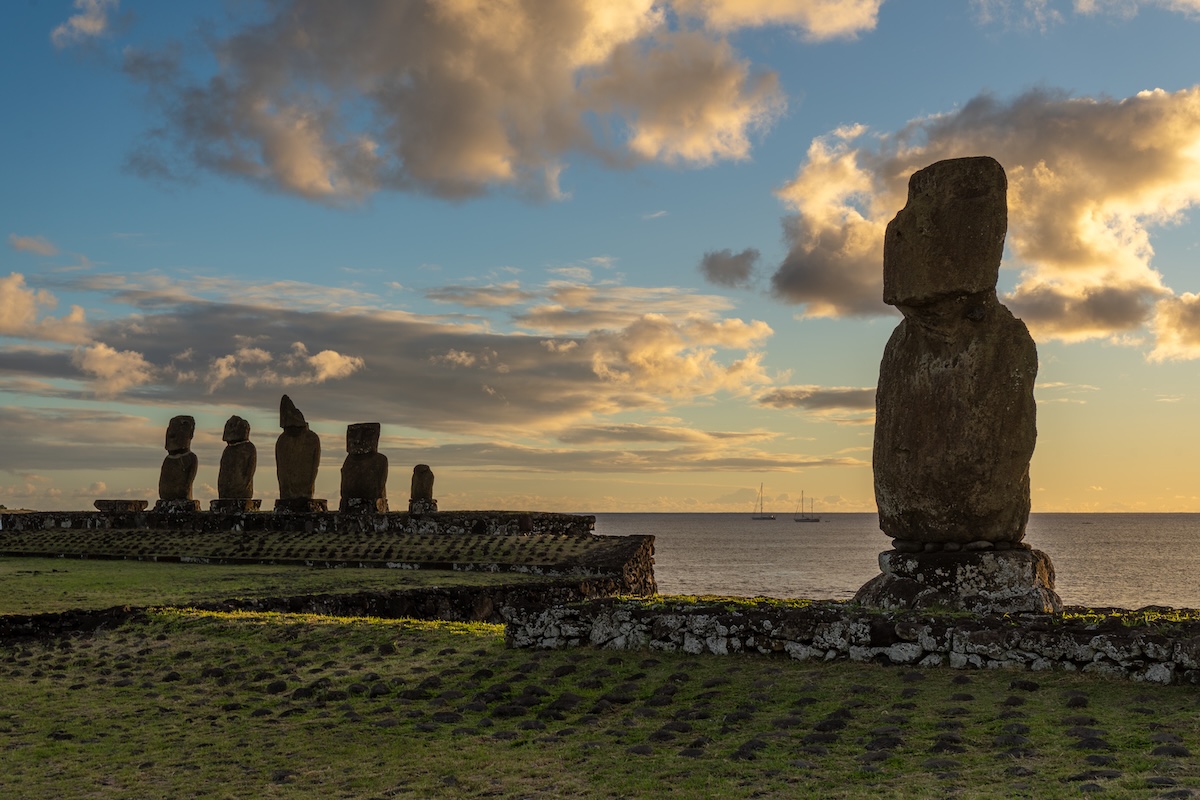 The Moai statues at Tahai at sunset on Easter Island.
