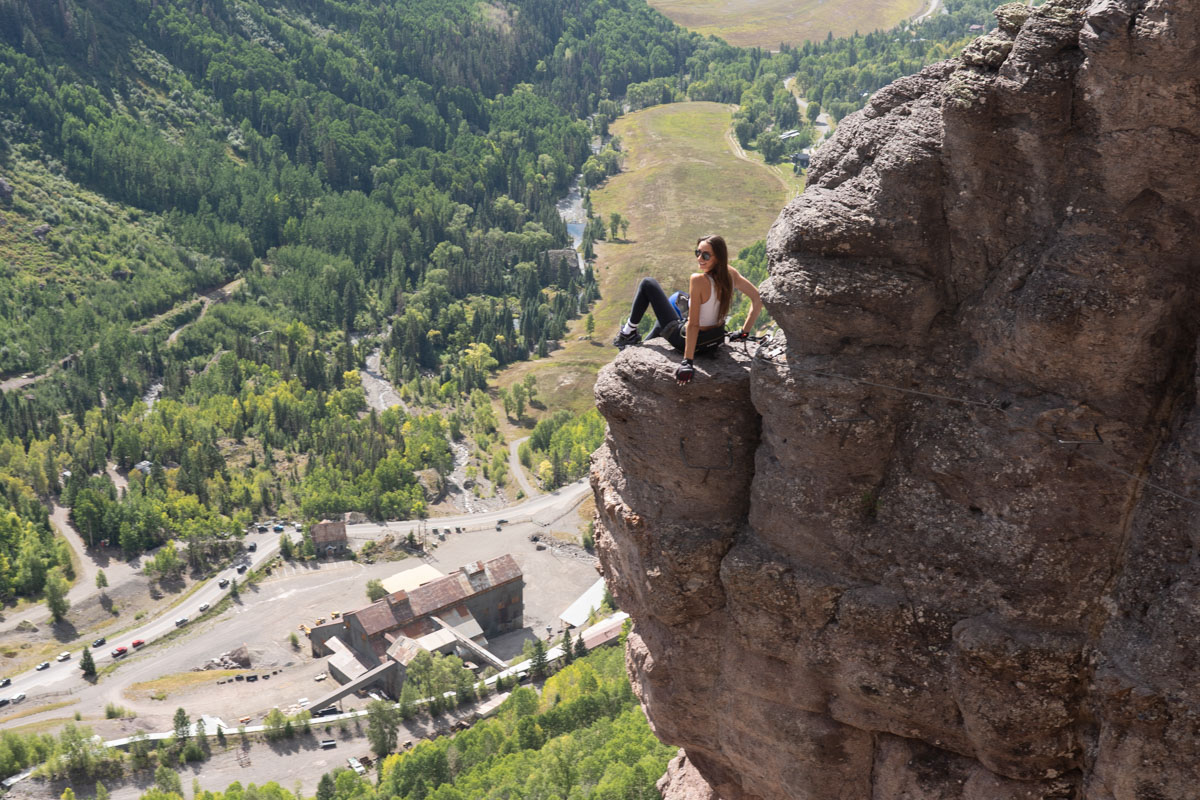 On the ledge of the Telluride Via Ferrata.