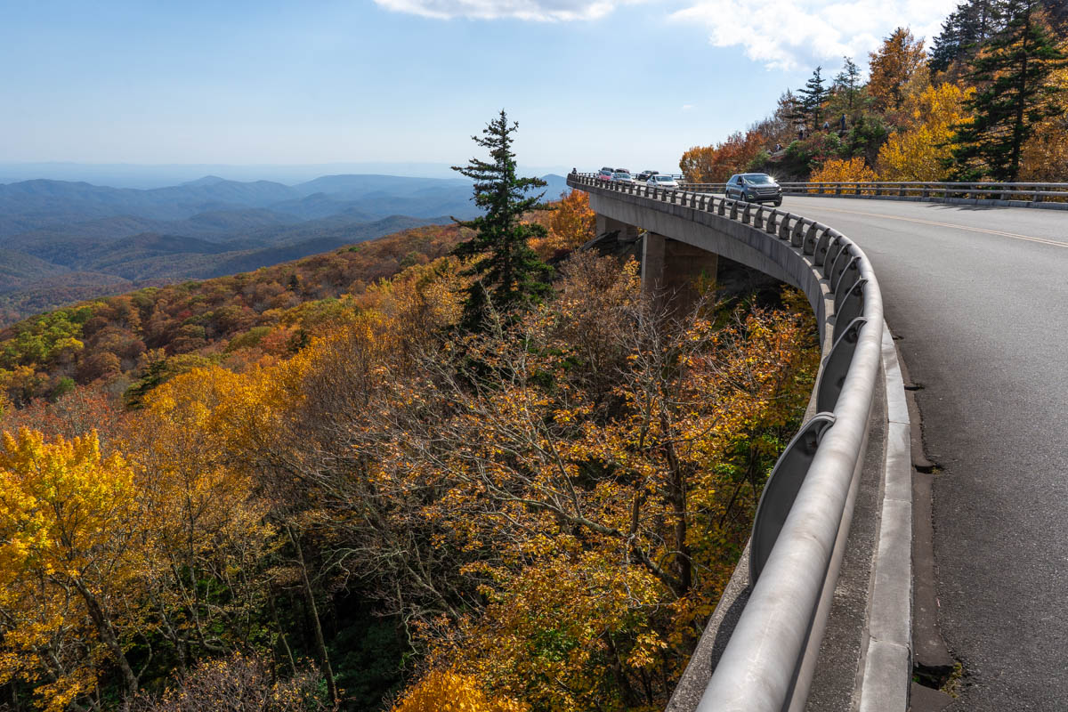 The Linn Cove Viaduct in the Blue Ridge Mountains in the fall.